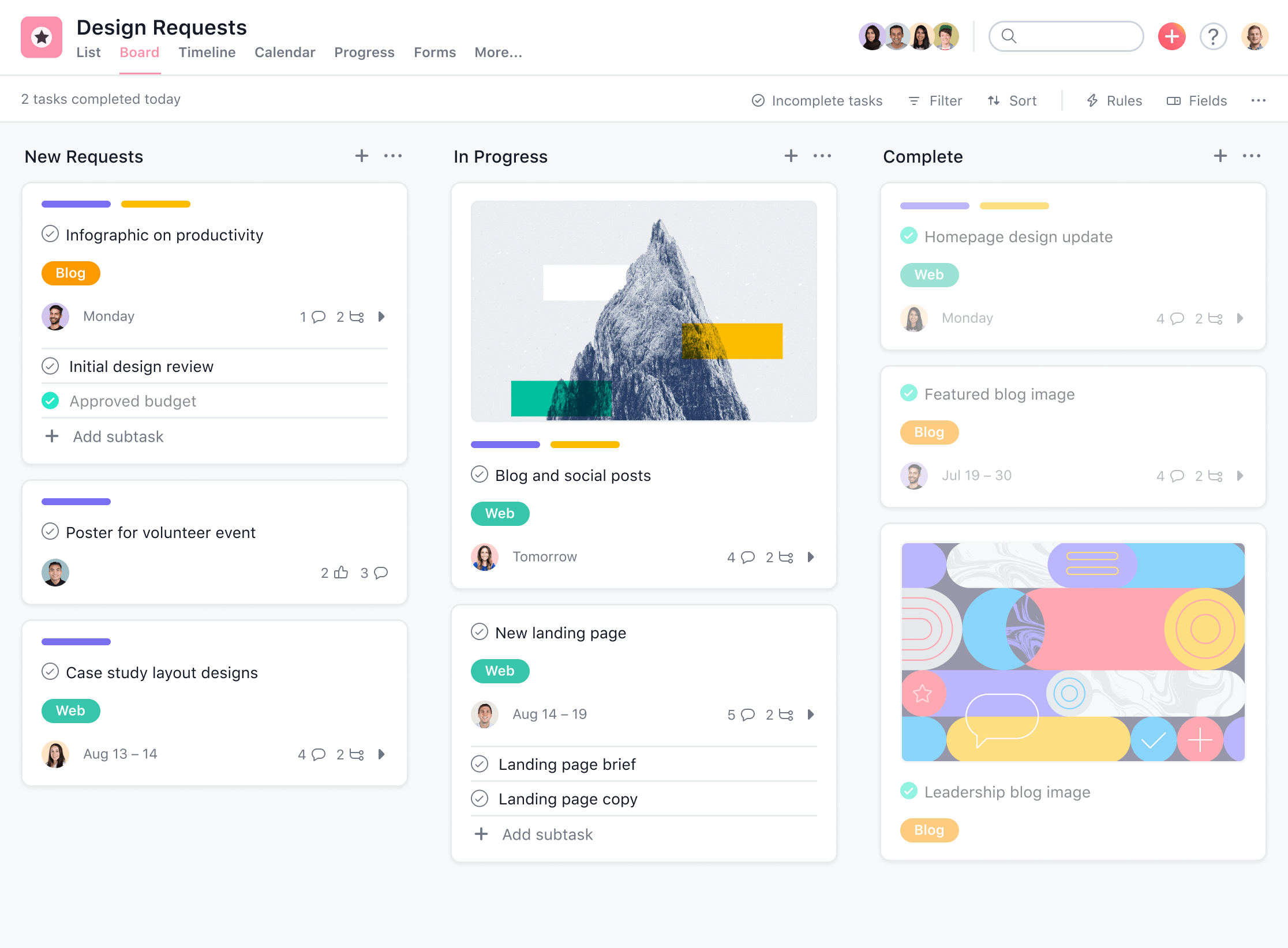 Ein Screenshot des Asana Dashboard im Kanban Style