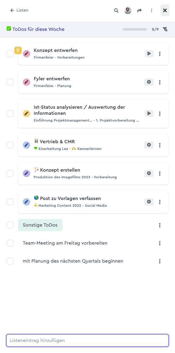 Screenshot einer factro ToDo-Liste