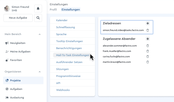 Eine Zieladresse wird für die Funtion Mail-To-Task eingerichtet