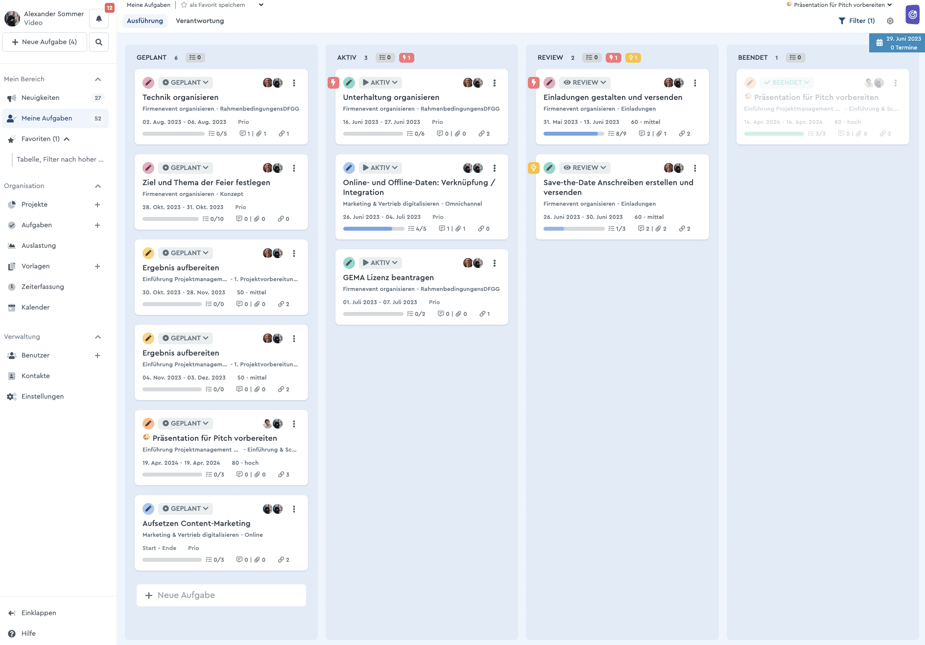 Ausführung und Verantwortung im Kanban Board