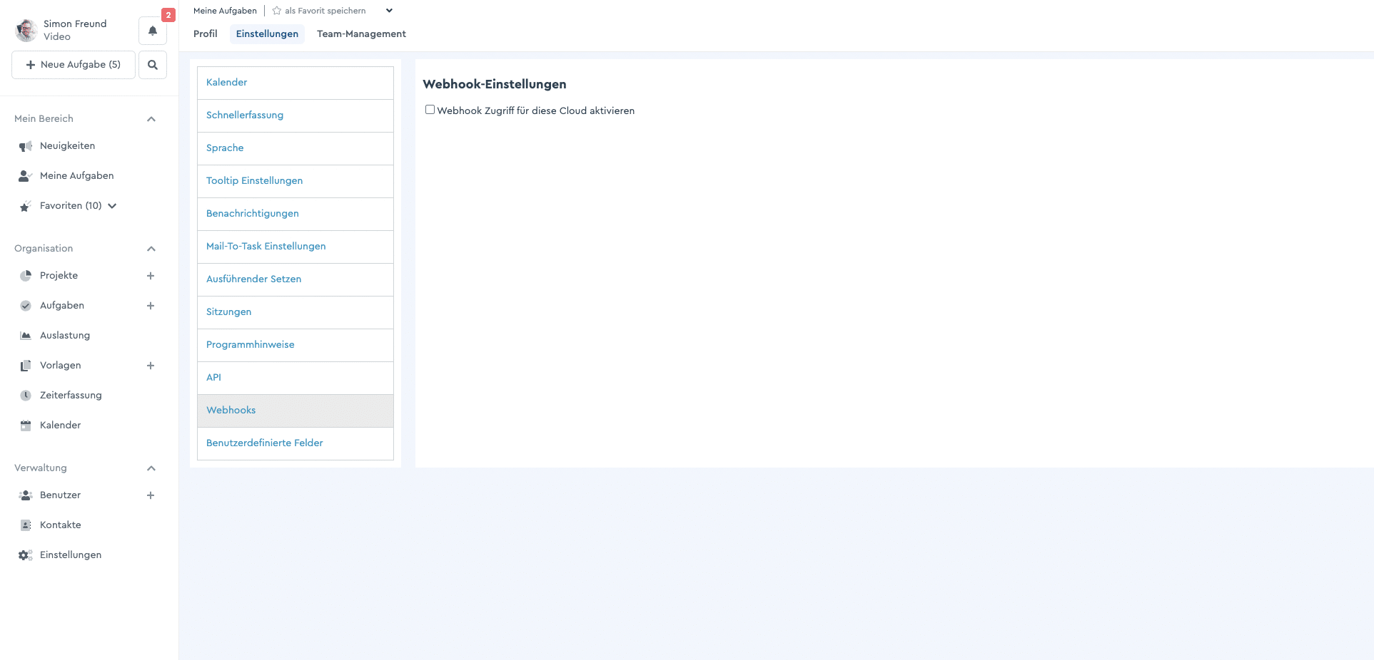 Hier kann die Nutzung der Webhooks (de-)aktiviert werden