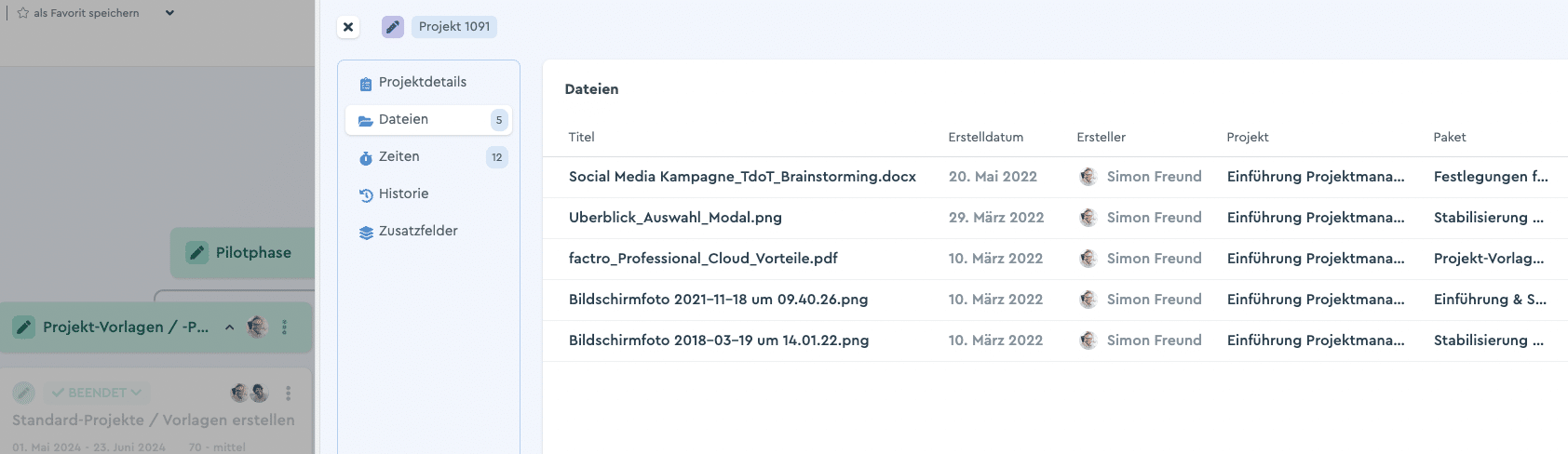 Dateien eines factro Projekts in der Übersicht