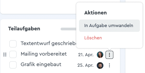 Eine Teilaufgabe wird in eine Aufgabe umgewandelt