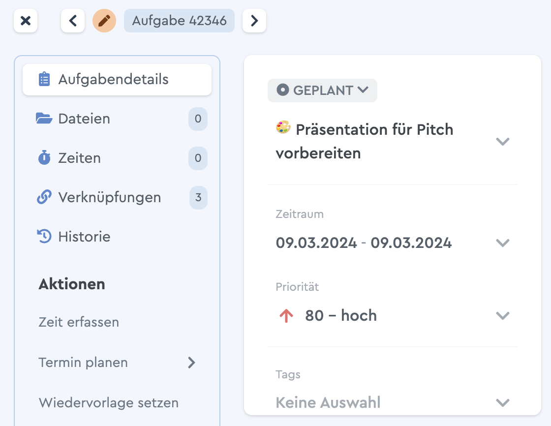 Ein Screenshot der Aufgabendetails einer factro Aufgabe
