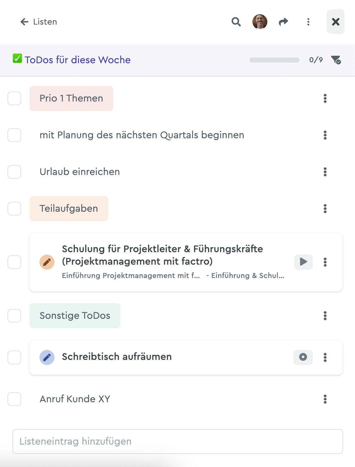 Eine strukturierte ToDo-Liste in factro