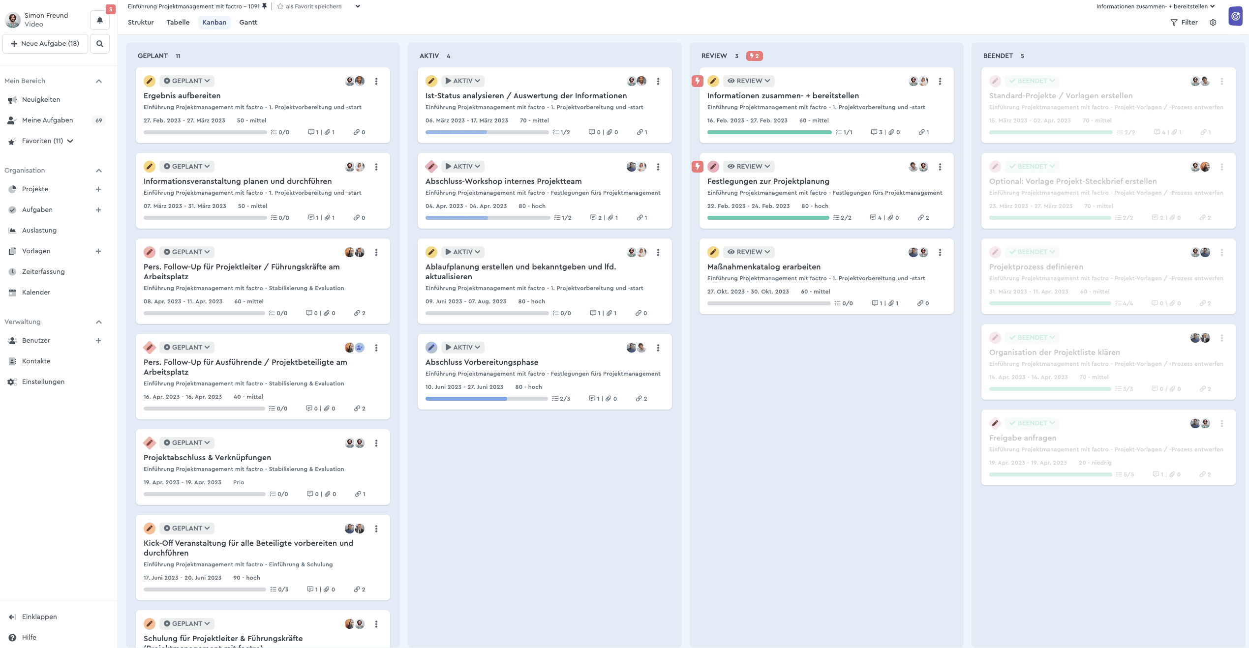 Das Kanban Board in factro