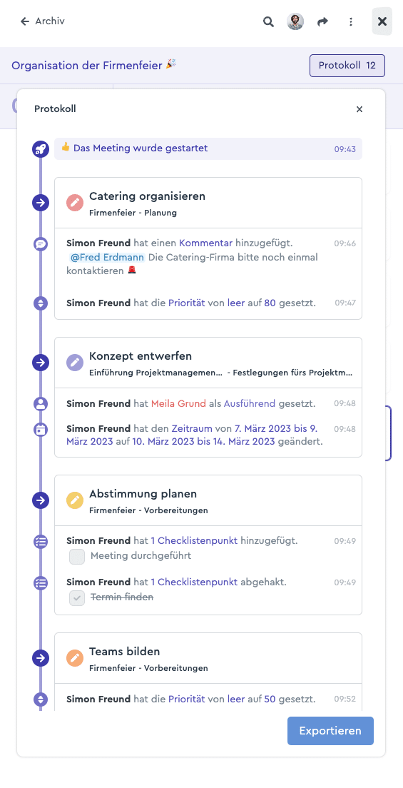 Ein Screenshot des Meeting-Protokolls