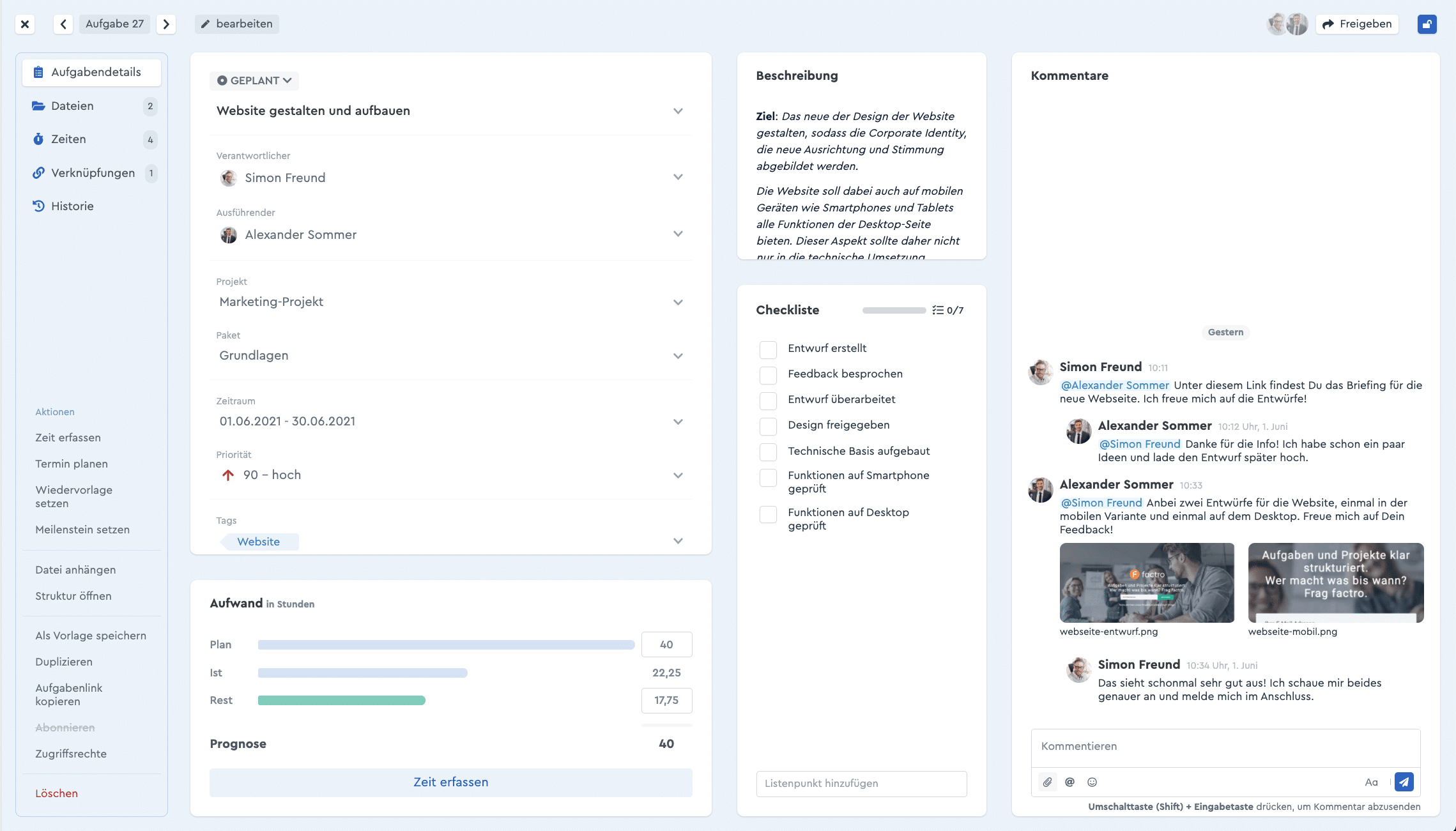 Ein Screenshot, der die flexible Größe der Aufgabenbereiche in factro zeigt
