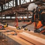 Sicherheit am Arbeitsplatz - Tipps gegen typische Gefahrenquellen Ein Mann mit Helm und Schutzkleidung arbeitet an einer Holzwerkbank