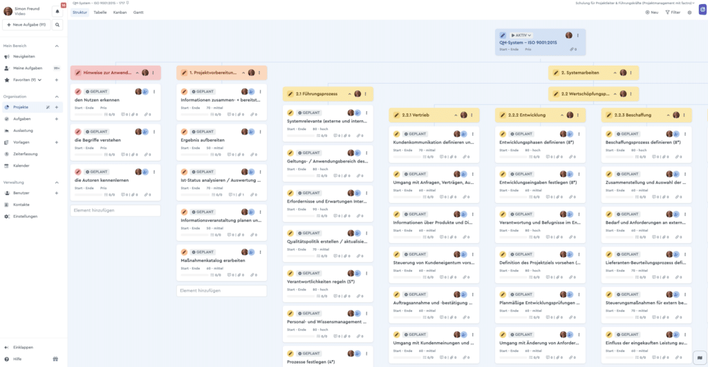 Ein Screenshot aus der factro Software von einem Projektstrukturbaum im Qualitätsmanagement