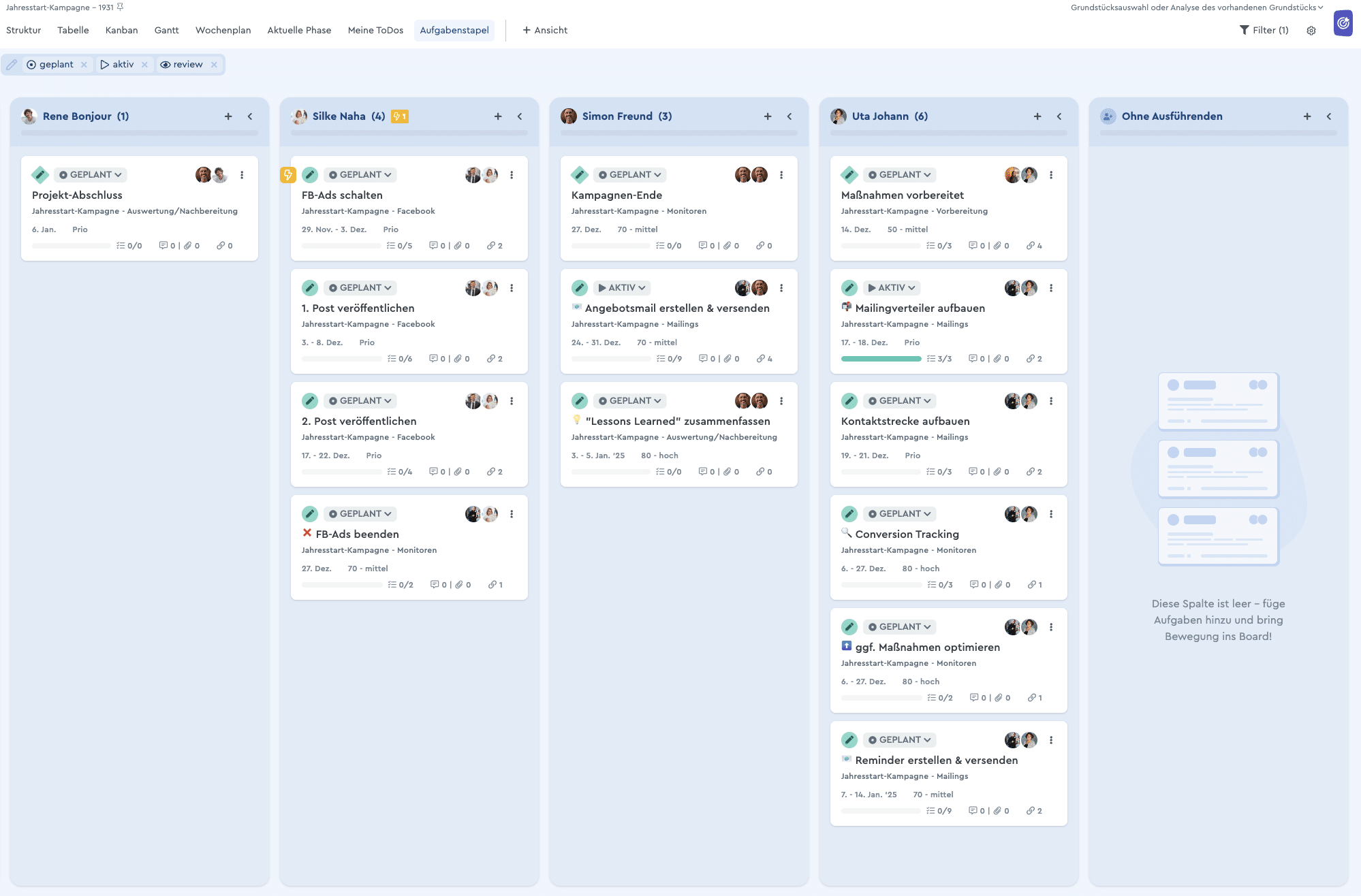 Ein Screenshot der Ansicht "Aufgabenstapel" in factro