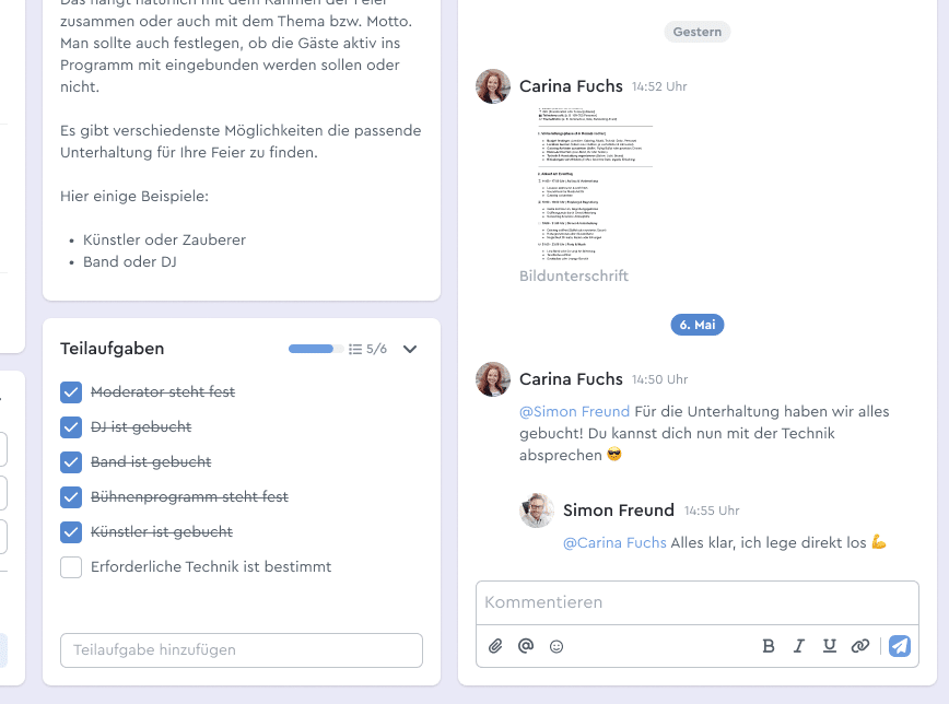 Aufgabendialog-1 Ansicht eines Aufgabendialogs mit Beschreibung, Kommentaren, Datei-Uploads und Teilaufgaben