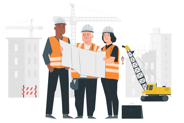 Architekten und Bauleiter mit Helm betrachten den gemeinsamen Plan auf einer Baustelle