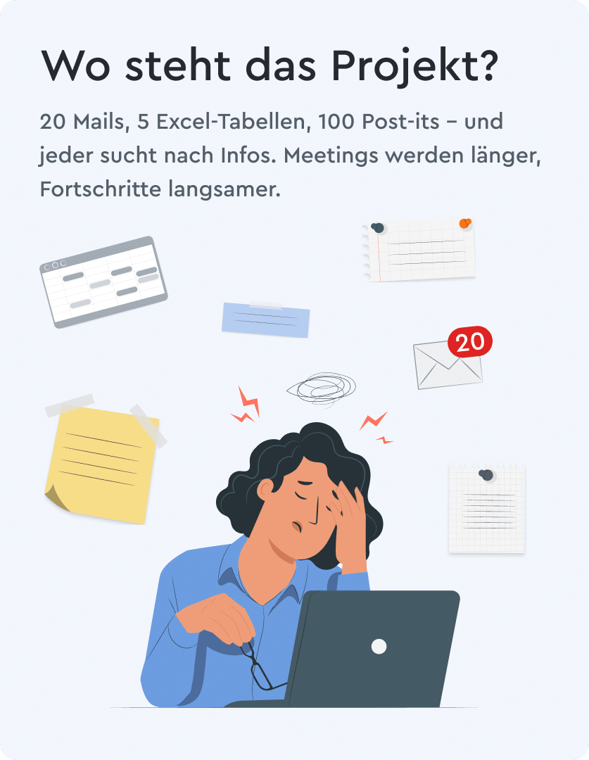 wo steht das Projekt2 Illustration einer gestressten Frau, um sie herum schweben Tabellen, Post-It Zettel und ein E-Mail Icon mit blinkender Benachrichtigung.