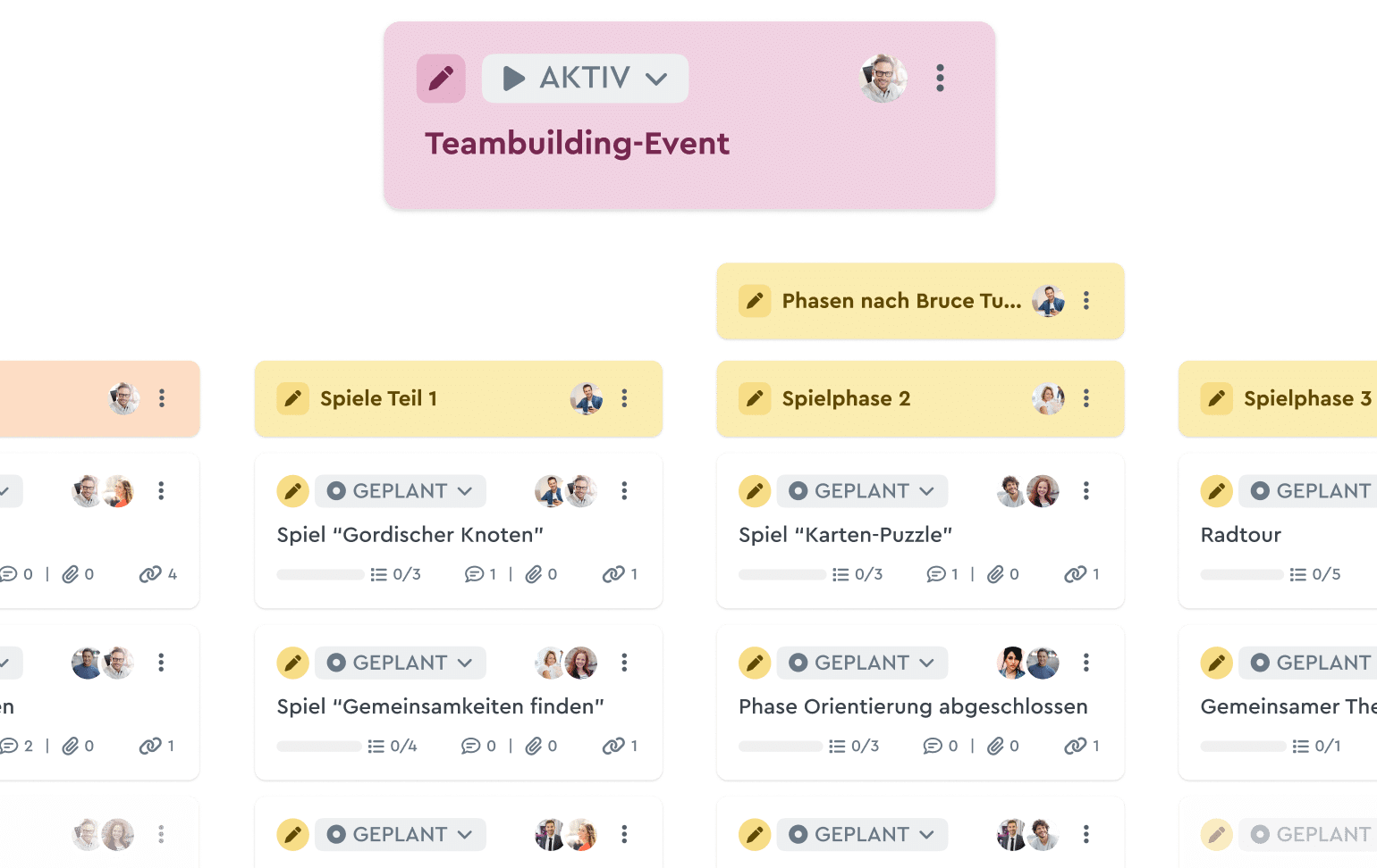 Ausschnitt einer Projekt-Vorlage für die Vorbereitung und Durchführung von Teambuilding Spielen & Events in der Strukturplan Ansicht