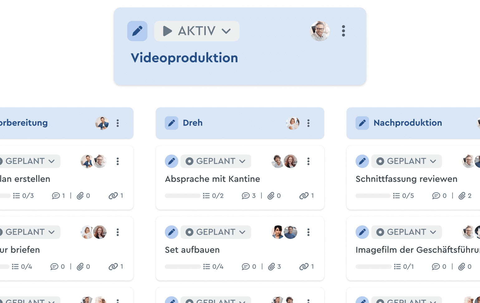 Ausschnitt einer Projekt-Vorlage für Videoproduktion in der Strukturplan Ansicht